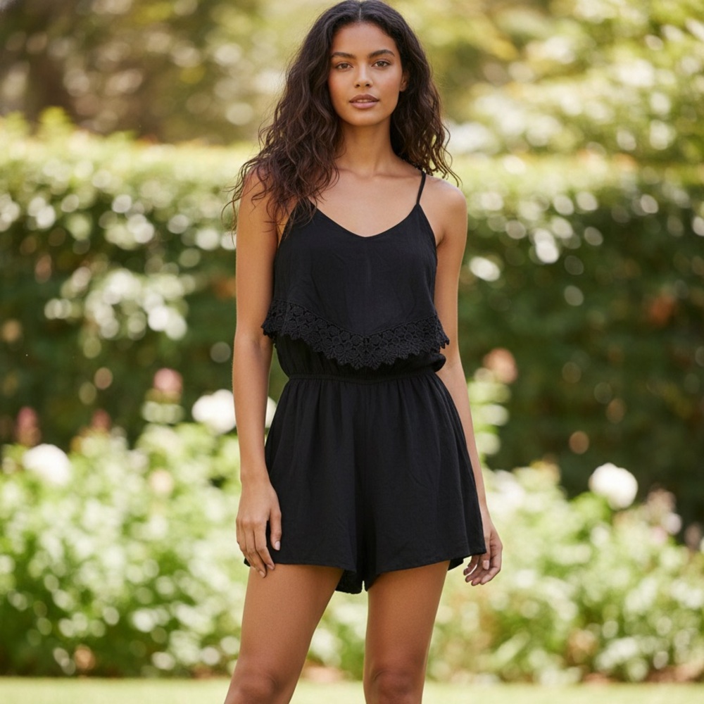 Garage Crochet Overlay Romper in Black
